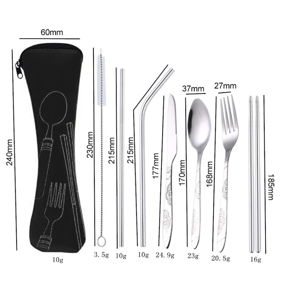 Нержавеющая сталь вилка ложка палочки для еды набор столовой посуды путешествия Ourdoor Кемпинг столовые приборы инструменты комплект переносной посуды - Цвет: 7pcs black