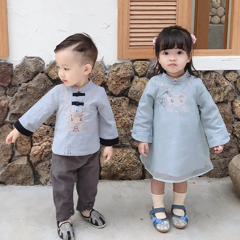 Jie di zhuang детская одежда в этническом стиле, китайский комплект одежды, Сетчатое платье Cheongsam, осенний стиль, длинный рукав, для мужчин и женщин ba