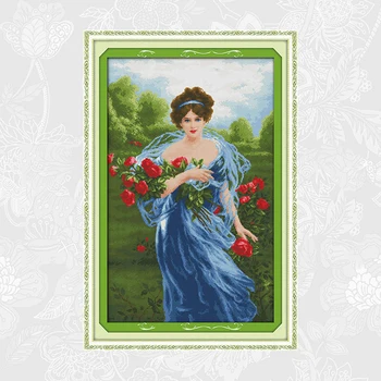 

Beauty holding rose 14ct Printed Aida Canvas 11ct Fabric Cross Stitch kits Embroidery Set DIY Handmade Cross-stitch Needlework
