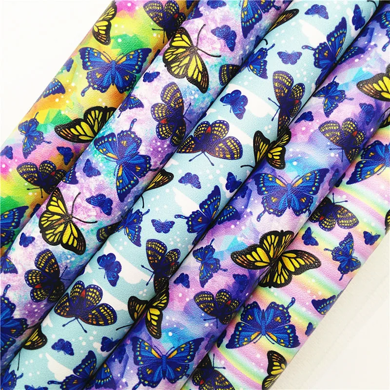 Rainbow Synthetic Leather with Butterflies Printed Synthetic Leather Smooth Faux Fabric For DIY Bows Bags 21x29cm MB494