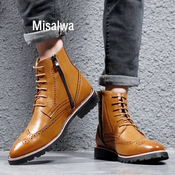 

Misalwa British Brogue Men Boots Zipper Ankle Male Oxford Boots 37-44 Size Spring / Winter Warm Leather Elegant Decent Shoes