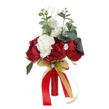 

Artificial Red Rose Wedding Bouquet with Long Ribbon Bow Bridal Holding Flower