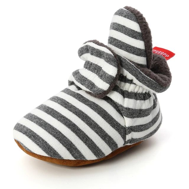 Newborn Baby Socks Shoes Boy Girl Star Toddler First Walkers Booties Cotton Comfort Soft Anti-slip Warm Infant Crib Shoes stripe dark grey