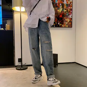 

Ins Hip-Hop Mens Korean Fashoins Harem Blue Jeans Pants 2020 Vintage Straight Pants Harajuku Jeans Baggy Belt High Quality Denim
