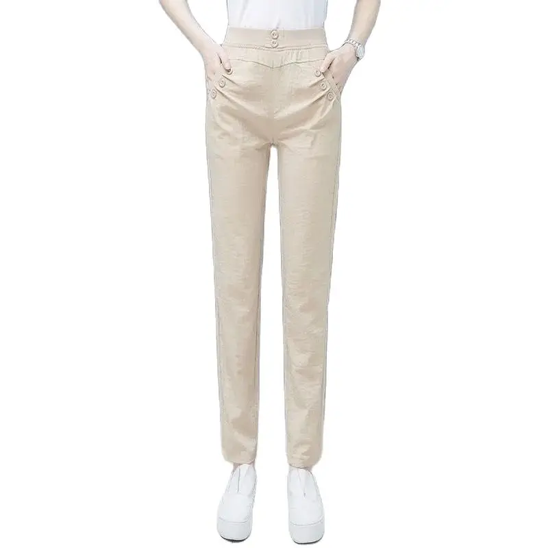 Women Ice Silk Cotton Linen High Waist Trousers 2024 Female spring New Style Loose Thin Fashion Casual Straight Harem Pants A403