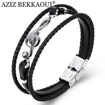 

AZIZ BEKKAOUI Unique Punk Stainless Steel Musical Notes Bracelets Male Leather Bracelet for Women Rope Bangle Drop shipping
