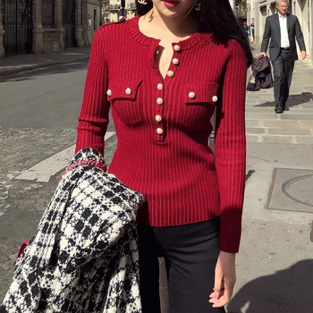 

Brand Fashion Women's High-end Luxury Slim Pearl Button Knitted Long Sleeve Sweater