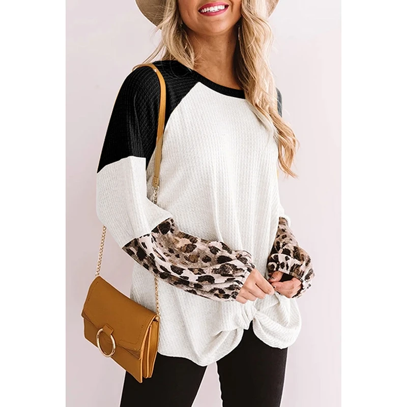 Harajuku Shirt Women O Neck Loose Knot Long Sleeve Leopard Stitch Oversized Vintage Tops