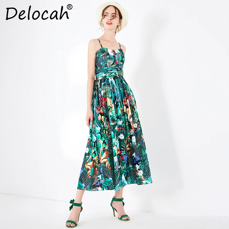 Delocah, женское платье на весну и лето, подиумное, модное, дизайнерское, сексуальное, на тонких бретельках, с растительным принтом, тонкое, праздничное, женское платье