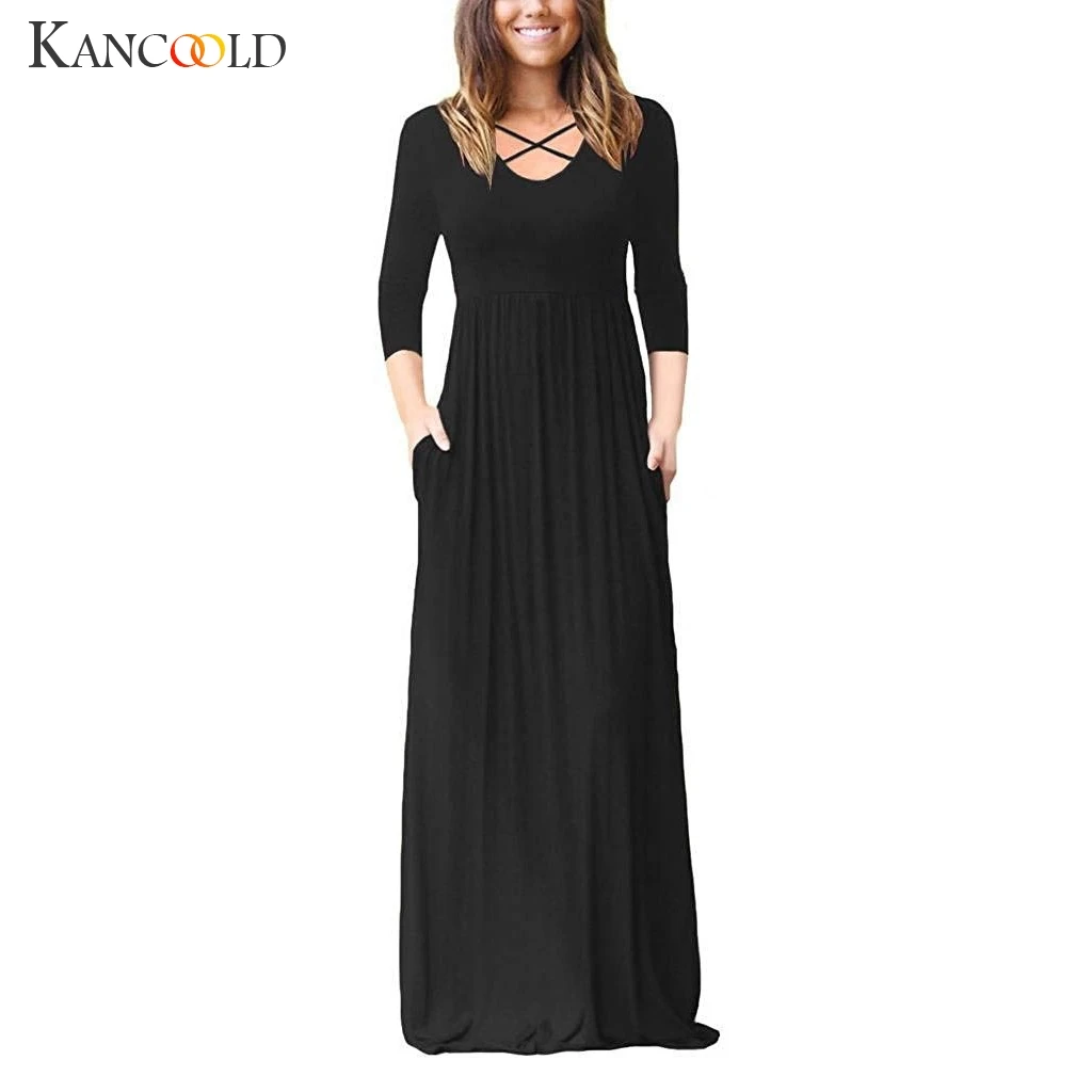KANCOOLD, женское Повседневное платье с укороченными рукавами, однотонным карманом, свободное ТРАПЕЦИЕВИДНОЕ ПЛАТЬЕ, элегантные женские вечерние платья с высокой талией