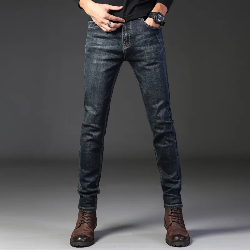 Стрейчевые мужские джинсы новые Брендовые прямые Молодежные классические модные уличные корейские тонкие длинные брюки синие черные джинсы