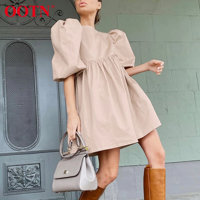OOTN Green O Neck Casual Women Dress Lantern Short Sleeve Solid Pink Mini Dress Ladies Elegant A Line Summer Dresses Cotton 2021|Dresses| - AliExpress