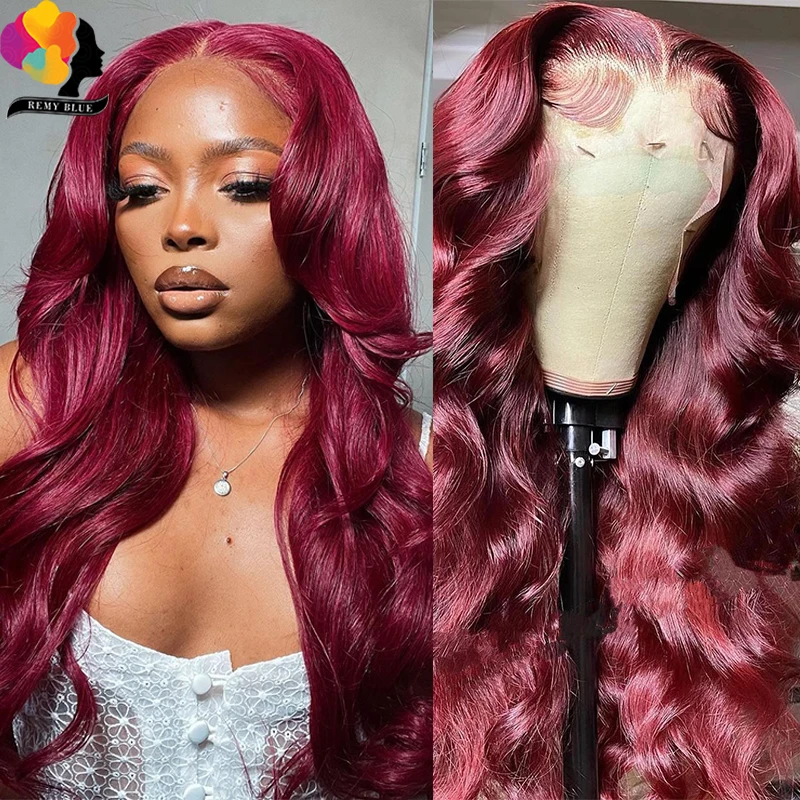 Frente do Laço Peruca de Cabelo Onda do Corpo Remyblue Borgonha Humano Peruca Pré Arrancado Laço Vermelho Frente Cabelo Remy Brasileiro 180% 99j 8 Apliques e perucas