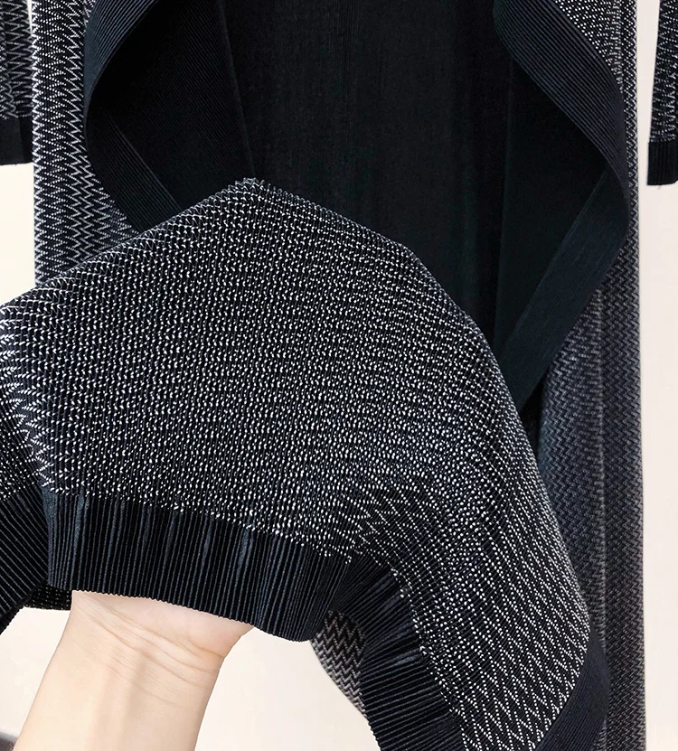 HOT SELLING miyake turn-downcolla outerwear pleated stripe pleated outerwear IN STOCK