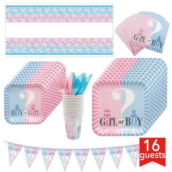 

114 Pcs Baby Gender Reveal Partyware Kit Serves 16 Pink & Blue Banner Disposable Tablecloth 16 Paper Plates 16 Napkins 16 Cups