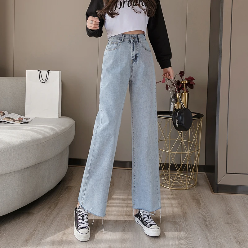 Elastic High Waist Frayed Hem Wide Leg Loose Straight Jeans for Women S M L XLJeans AliExpress