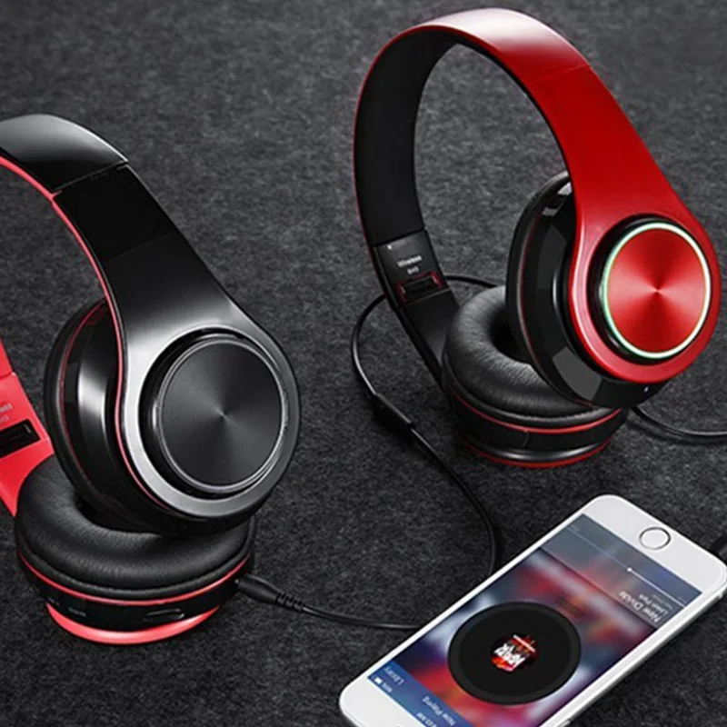 AMS-Wireless Headphones Bluetooth Headphone 7 Colors Glowing Led Headset with Mic Support Tf Card for Phone Pc Mp3 Player