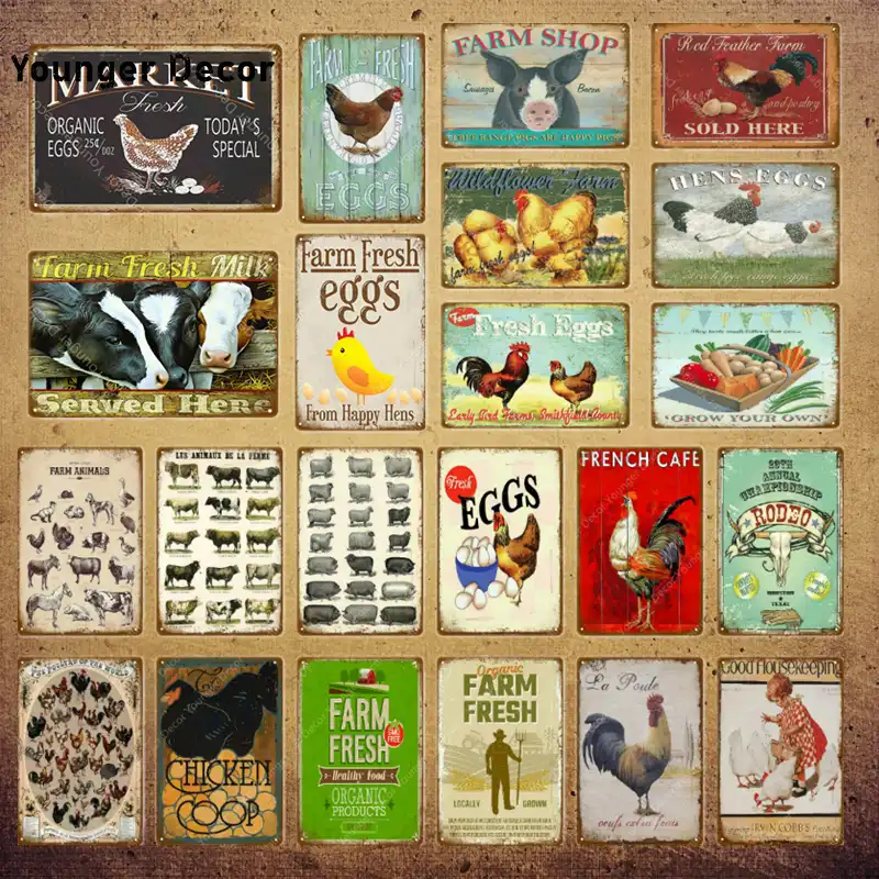 Mercado Huevos Frescos Leche Metal Signo Tienda Cafe Hogar Decoracion De Pared Animales De Granja Vintage Cartel Pollo Feliz Placa Retro Yi 038 Aliexpress
