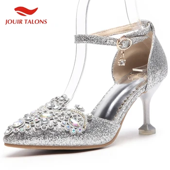 

Brand New On Sale 2020 Plus Size 48 Women Shoes Woman Elegant two-piece ankle-strap Thin High Heels Bling Wedding Party Pumps