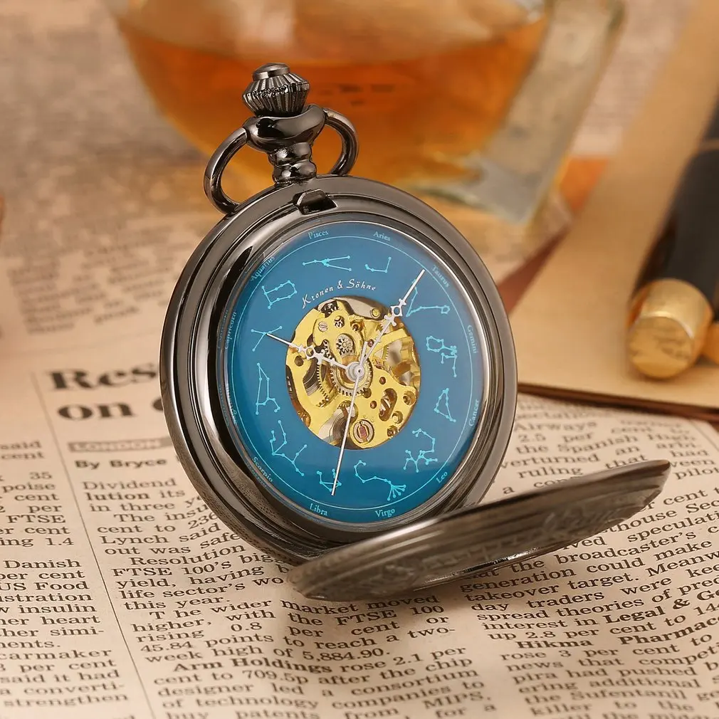 KS Twelve созвездия Vingage Серебряный Скелет аналоговые Horloge механические часы Бизнес Мужчины ключ кулон карманные часы/KSP098 - Цвет: Black KSP099