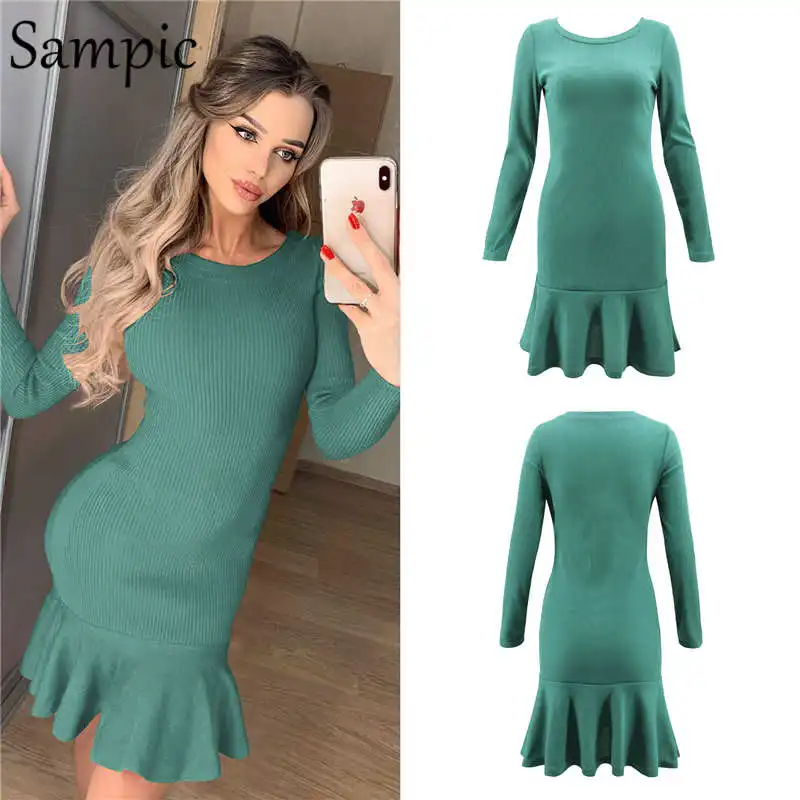 Blue-green Sampic женское облегающее Круглая горловина вечерние зимнее платье элегантный оборками обернуть клуб осеннее платье с длинными рукавами - Цвет: Blue-green