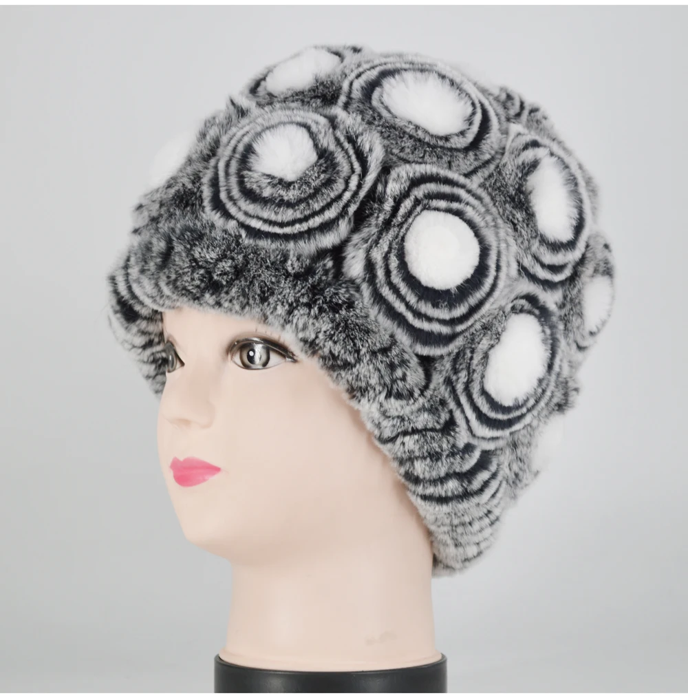 Winter Rex Rabbit Fur Hat Women Knitted Natural Rex Rabbit Fur Flowers Beanies Hats Warm Soft Real Rex Rabbit Fur Caps