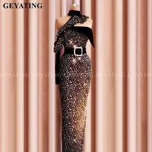 Блестящее Кристальное Черное длинное арабское вечернее платье, элегантное платье на одно плечо с длинным рукавом для выпускного вечера в Дубае, женское вечернее платье с открытыми плечами