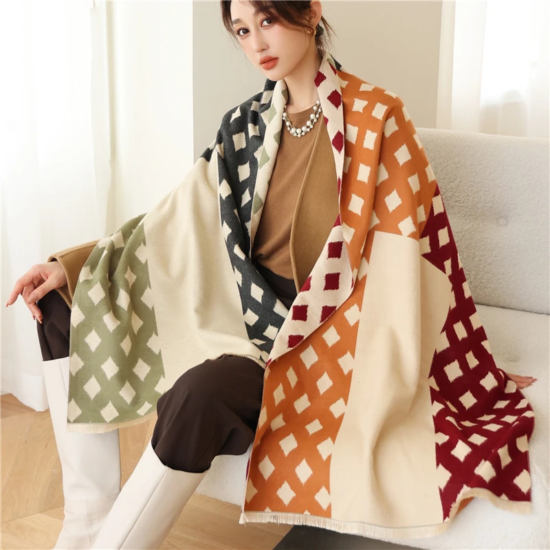 2021 Winter Scarf Women Cashmere Pashmina Lady Stoles Design Print Female Warm Shawls and Wraps Thick Reversible Scarves Blanket |