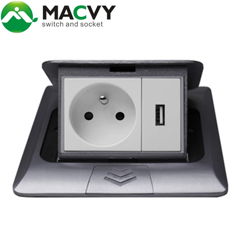

16A Silver panel floor floor plug Computer phone 16A French power socket with USB charging port 5V 1A