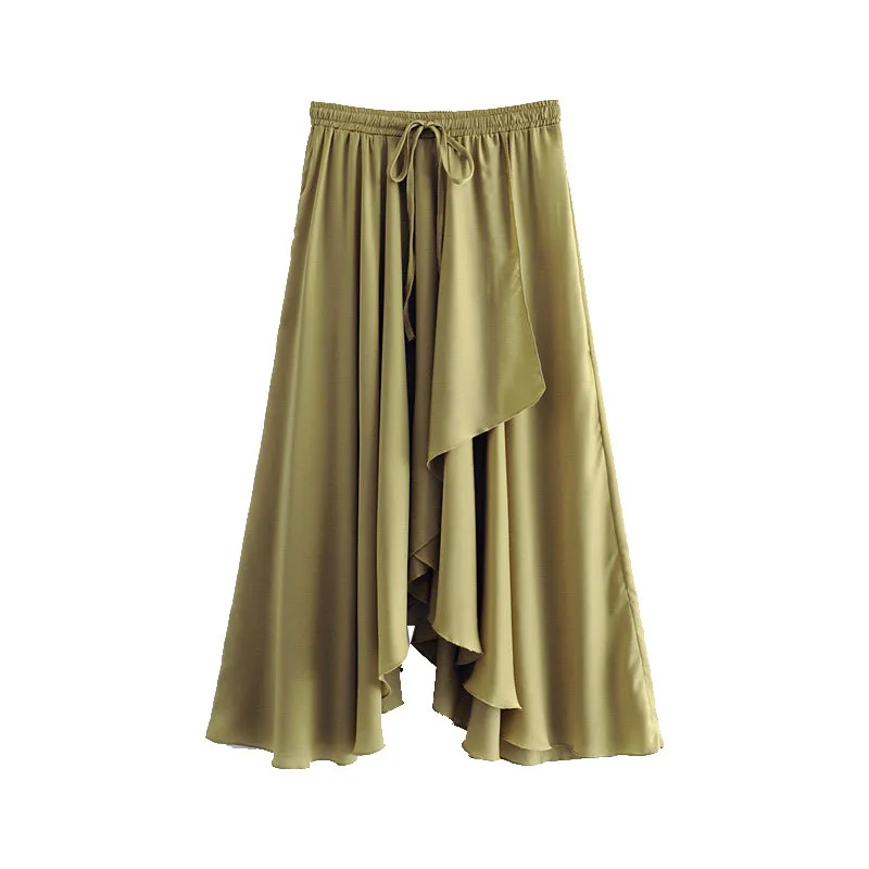 

Summer New Products Western Style Solid Color Satin Textured Elastic Waist Drawstring Non-symmetrical Skirt High-waisted Skirt