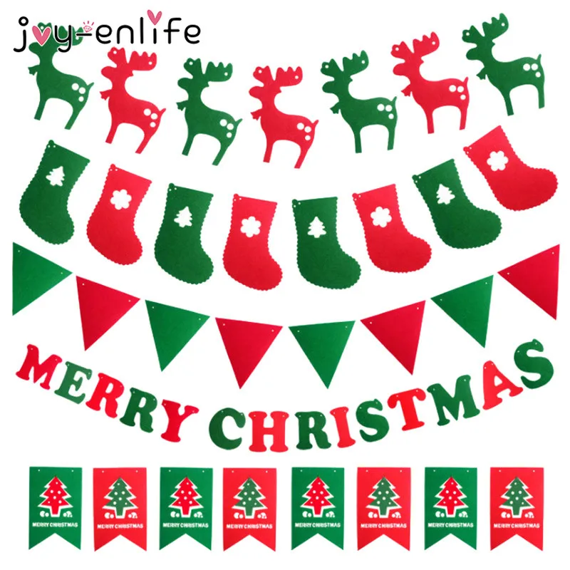 

Merry Christmas Banner Reindeer Socks Xmas Tree Flags Happy New Year 2019 Christmas Party Decorations Photo Booth Props