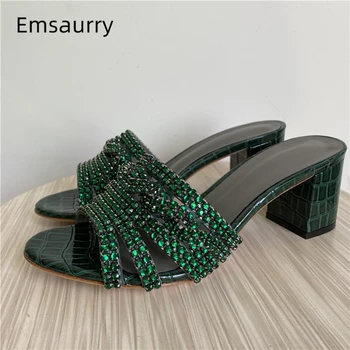 

Diamond Rhinestone Runway Slippers Women Med Hoof Heel Sexy Open Toe Slip-on Outwear Mules Genuine Leather Summer Shoes Woman