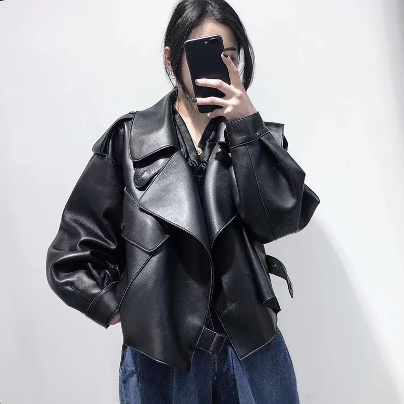 

Leather Jacket Women Spring Autumn Short Oversize Motrocycle Jacket Sheepskin Genuine Leather Jacket Veste Femme 19000 YY1042