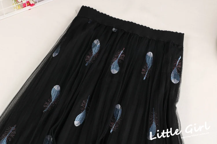 Universe Star Embroidery Women Tulle Skirt Spring Summer Mesh Long A Line Korean 2020 New High Waist Slender Star Feather tartan skirt