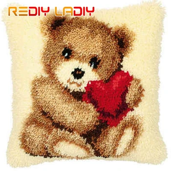 

Latch Hook Kit Bear & Heart Cushion Cover Pre-Printed Canvas DIY Yarn Crochet Crafts Pillow Case Size 43x43cm Sofa Bed Pillows