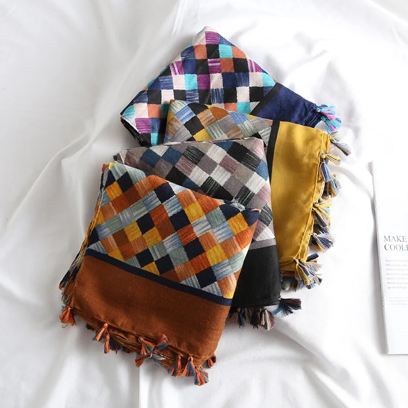 Cotton Ombre Plaid Print Tassel Scarves Shawls Women Long Soft Grid Wrap Scarf Muffler Hijab Headband 4 ColorFree Shipping