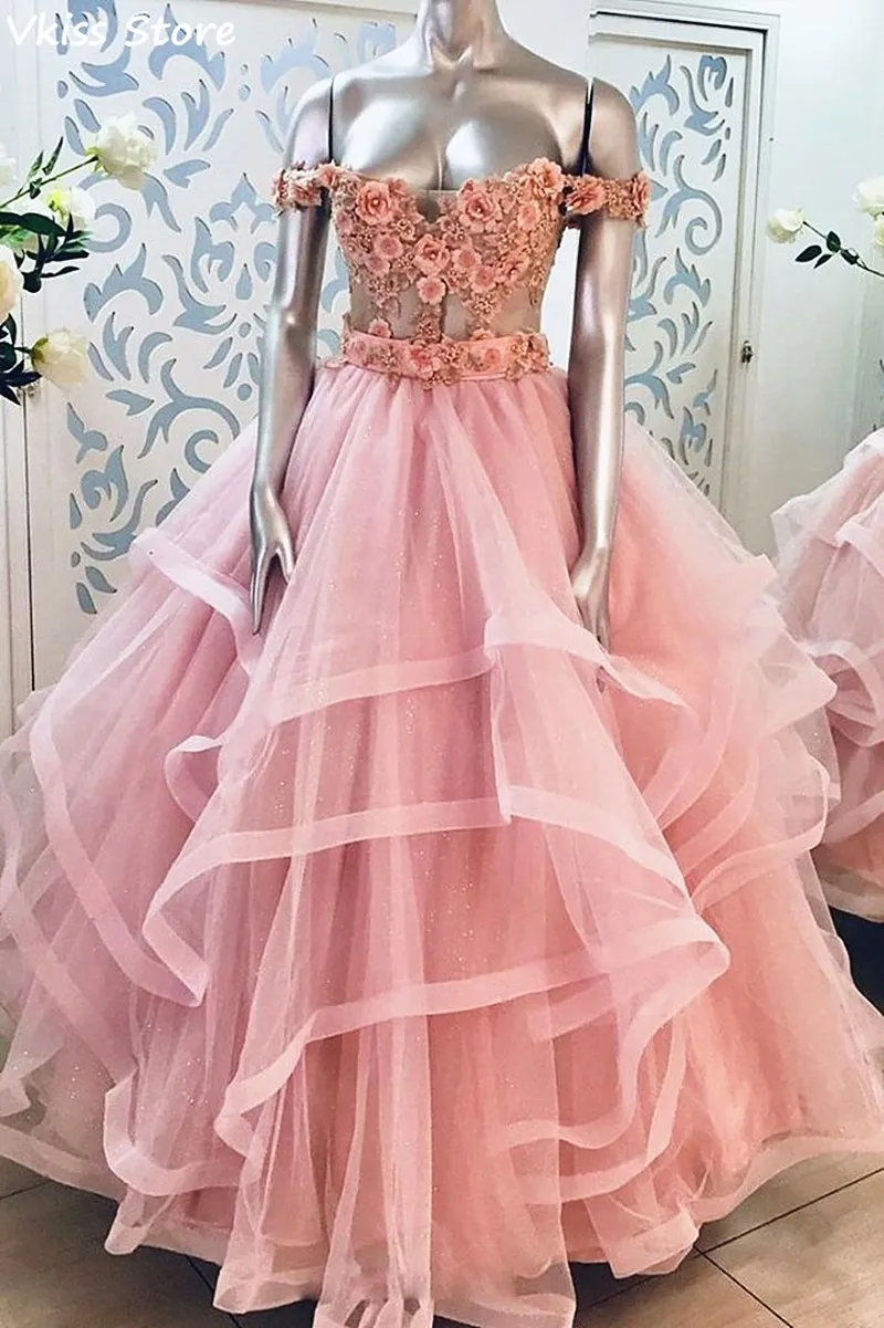 

Pink Evening Dresses Ball Gown Off Shoulder Flowers Beading Sweetheart Neck Ruffel Cute Party Prom Dress b