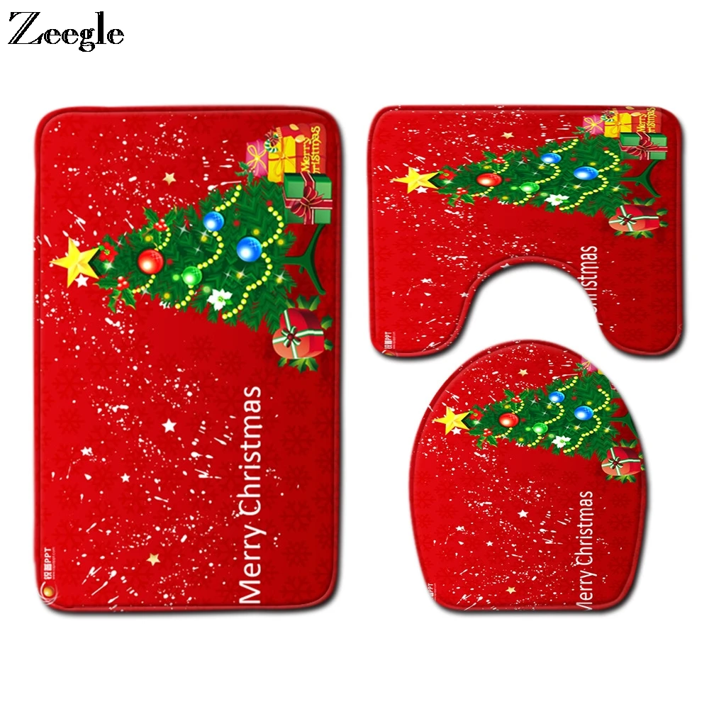 Christmas Bath Mat Set Bathroom Doormat Floor Carpet Anti-slip Shower Mat Absorbent Toilet Cover Seat Mat Toilet Pedestal Rug