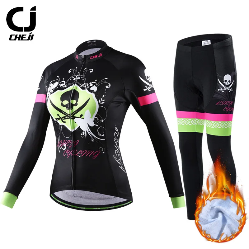 CHEJI Women Thermal Fleece Bicycle Jersey Set Long Sleeve Moisture Wicking Cycling Clothing Winter Windproof MTB Bike Jackets