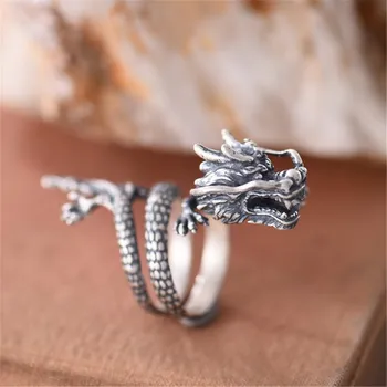 

Genuine 925 Sterling Silver Vintage Dragon Adjustable Open Rings Designer Fashion Jewelry For Women Punk Opening Adjustable Ring