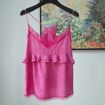 

Women Tops Romantic Lace Stitching Silk Suspenders