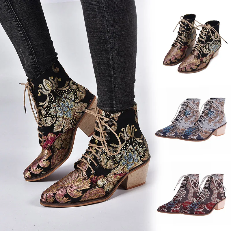 

Women Vintage Embroidery Booties Middle Thick Heel Pointed Toe Ankle Boots A66