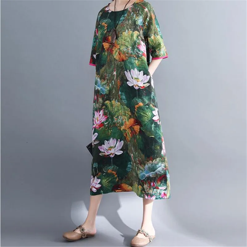 O Neck Large Size Dress 2020 Summer new mid-sleeve ethnic style loose cotton linen lotus Casual Pockets dress O Neck Large Size Dress 2020 Summer new mid-sleeve ethnic style loose cotton linen lotus Casual Pockets dress