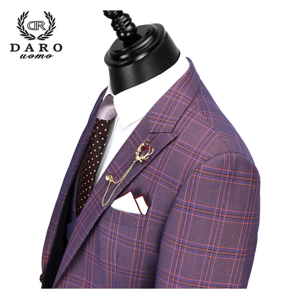 DARO 2020 New Men Suit 3 Pieces Fashion Plaid Suit Slim Fit blue purple Wedding Dress Suits Blazer Pant and Vest DR8193