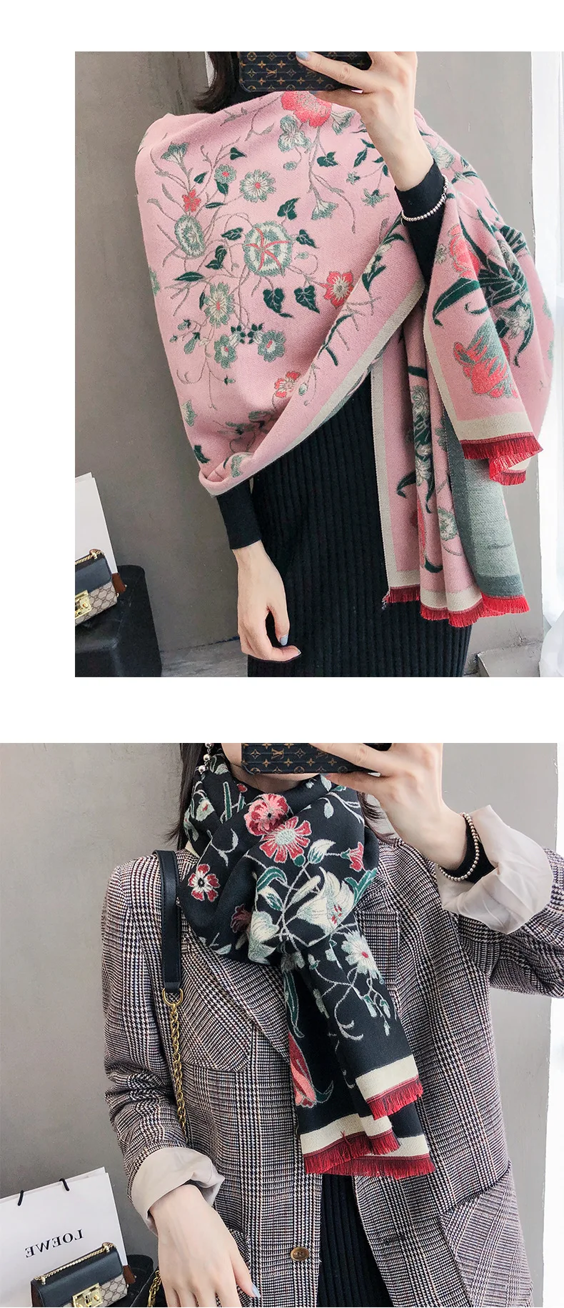 Толстый женский зимний теплый шарф, кашемировые шали, Элегантный цветочный принт, женские пашмины шали, бандана, шарфы, дизайн