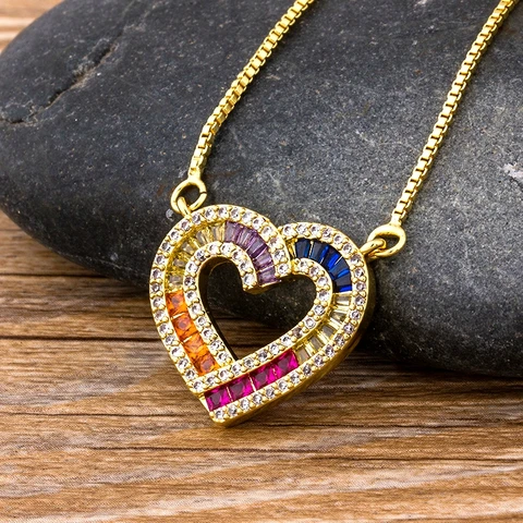 Women Initial CZ Necklace Heart Shape Rainbow Copper Pendent Long Snake Chain Necklace Jewelry for Lady Girls Best Gift