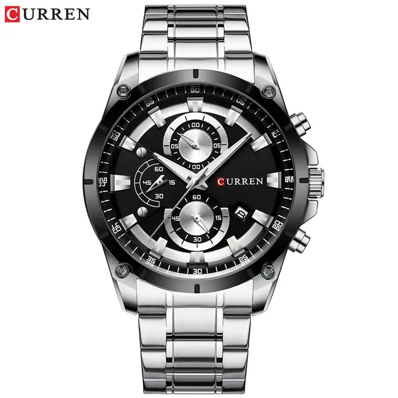 Silver Black Curren Для мужчин Роскошные военные возможностью погружения на глубину до 30 м Водонепроницаемый часы хронограф Повседневное Нержавеющая сталь кварцевые часы для бизнеса календарь наручные часы - Цвет: Silver Black