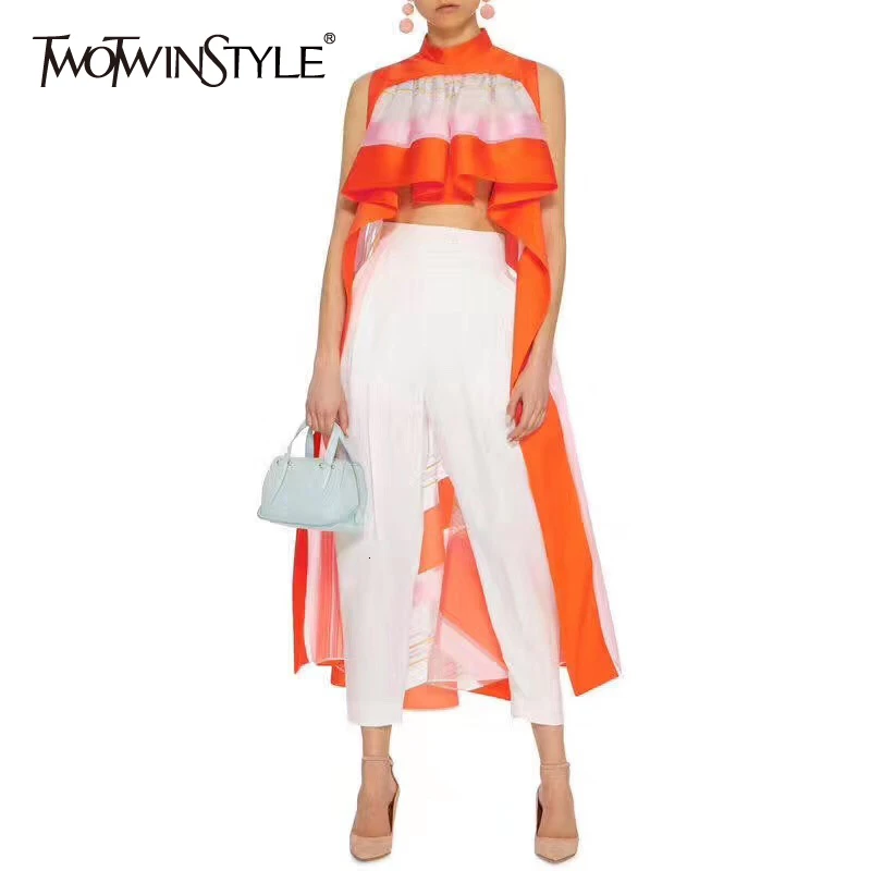 Женская Асимметричная блузка в полоску TWOTWINSTYLE летняя с воротником-стойкой без