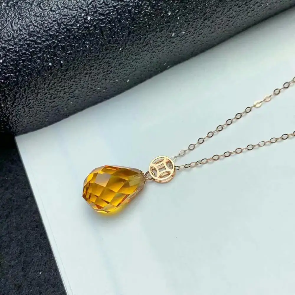 Shilovem 18k желтое золото цитрин Подвеска с черным коженным ремешком женские вечерние Новые Классические растения подарок Нет ожерелье 8*11 мм mymz0811306j