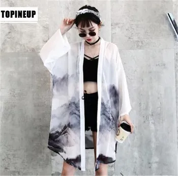 

2020 Landscape Print kimino Blouses Sunscreen Harajuku Summer women Tops and blouses plus size Chiffon Cardigans